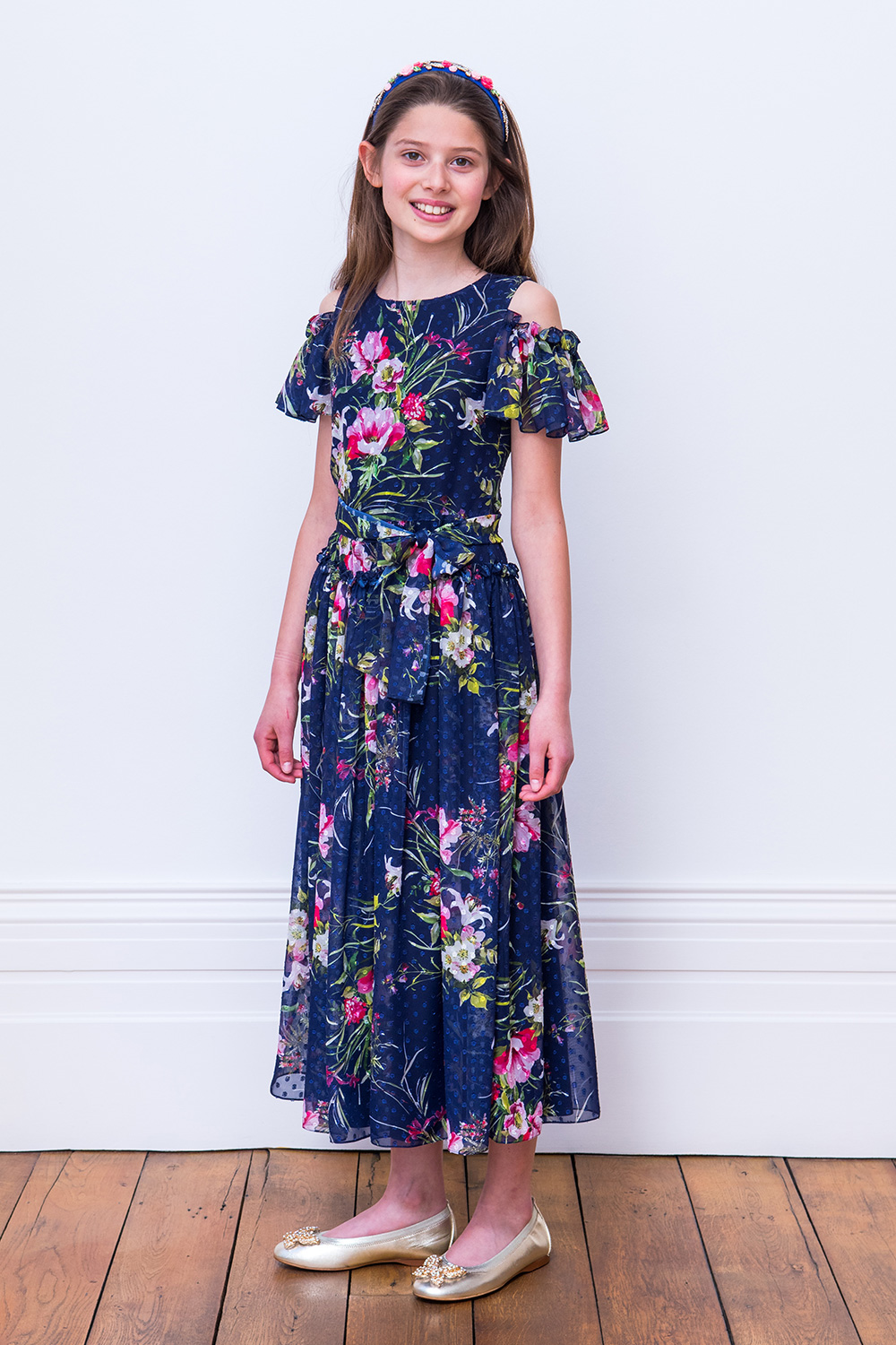 blue floral maxi dress with sleeves