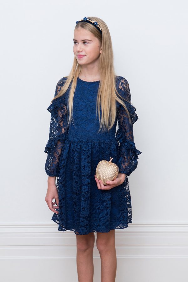navy lace ruffle sleeve gown