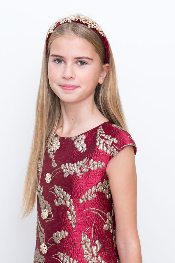 festive red brocade party dress