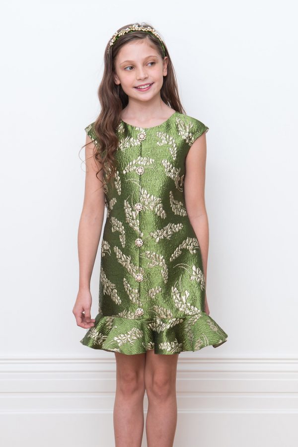 green damask party gown