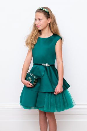 green satin and tulle gown