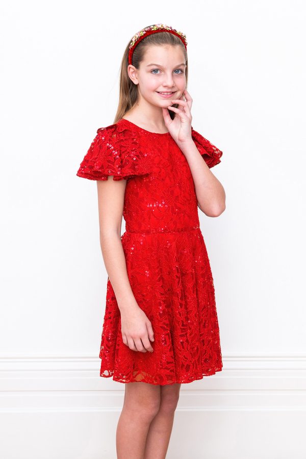 red prom ruffle sleeve dress