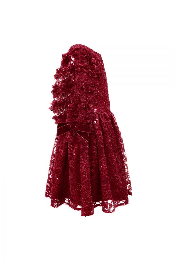wine lace ruffle sleeved dress